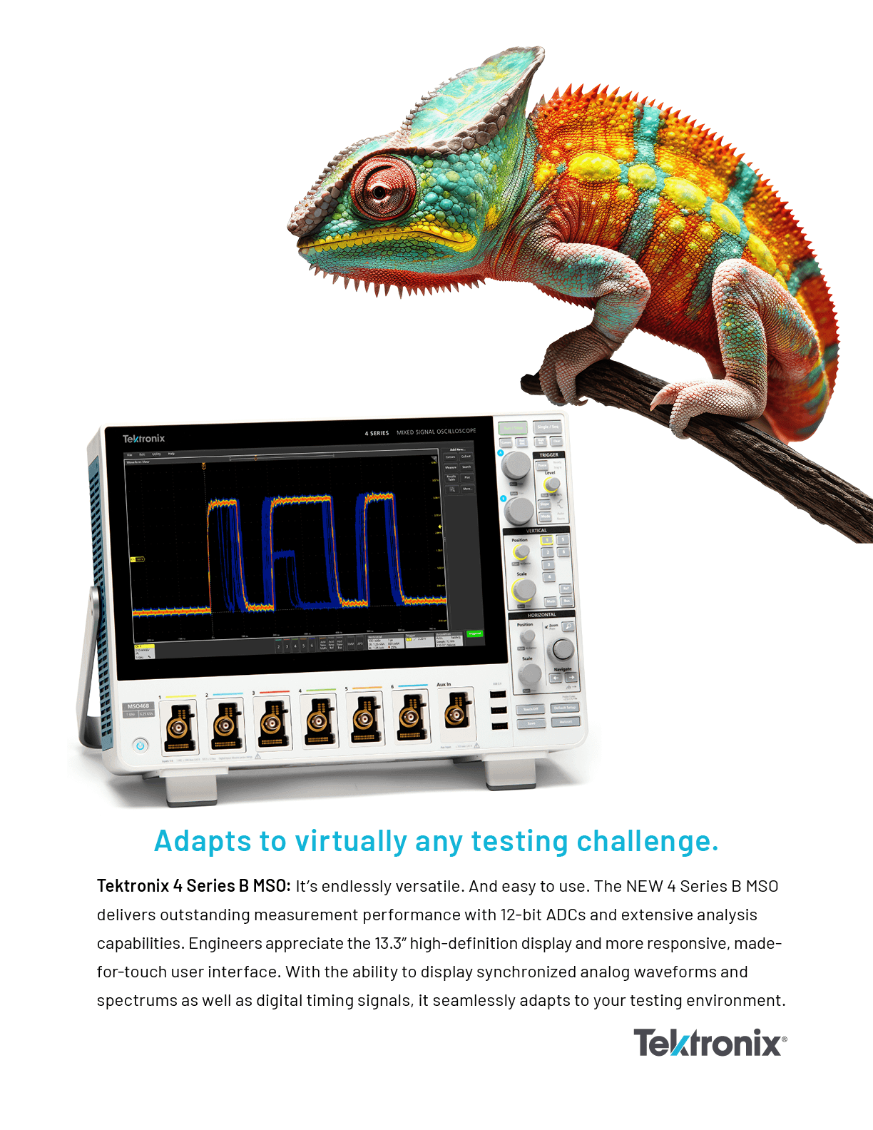 Chameleon perched on a digital oscilloscope displaying waveforms, highlighting versatility and adaptability in testing applications.
